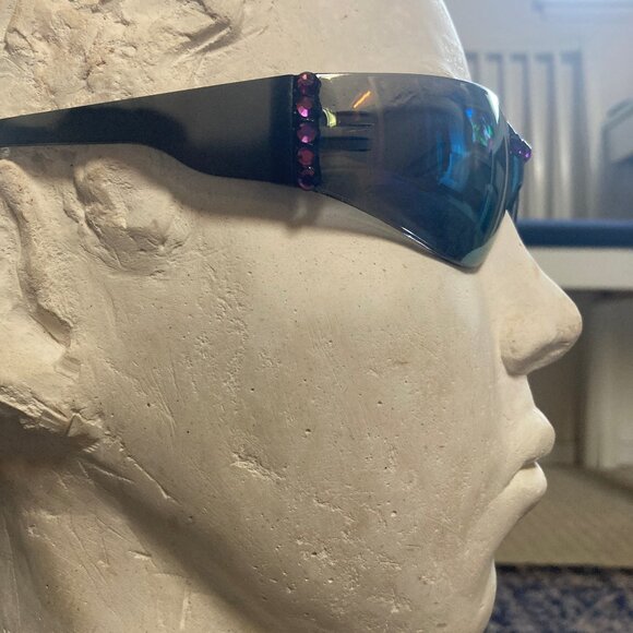 Purple Swarovski Crystals on Gold and Blue Mirror Sunglasses - Unique - unisex - Picture 8 of 13